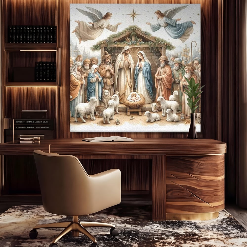 Tablou canvas cu ilustratie religioasa cu scena nasterii domnului, fara rama, pe sasiu de lemn, pe perete intr-un birou